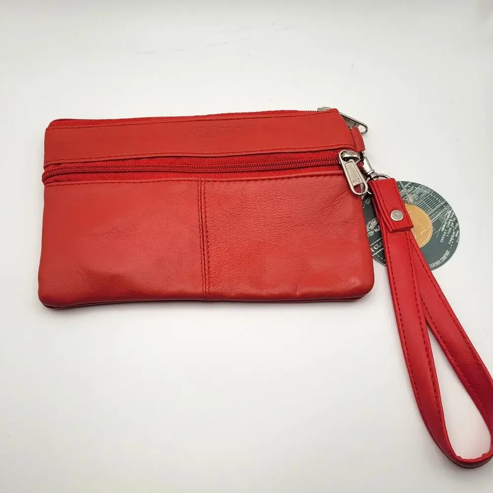 Red Leather Wristlet Clutch Pouch Zip Top Minimalist Soft Simple NWT Small